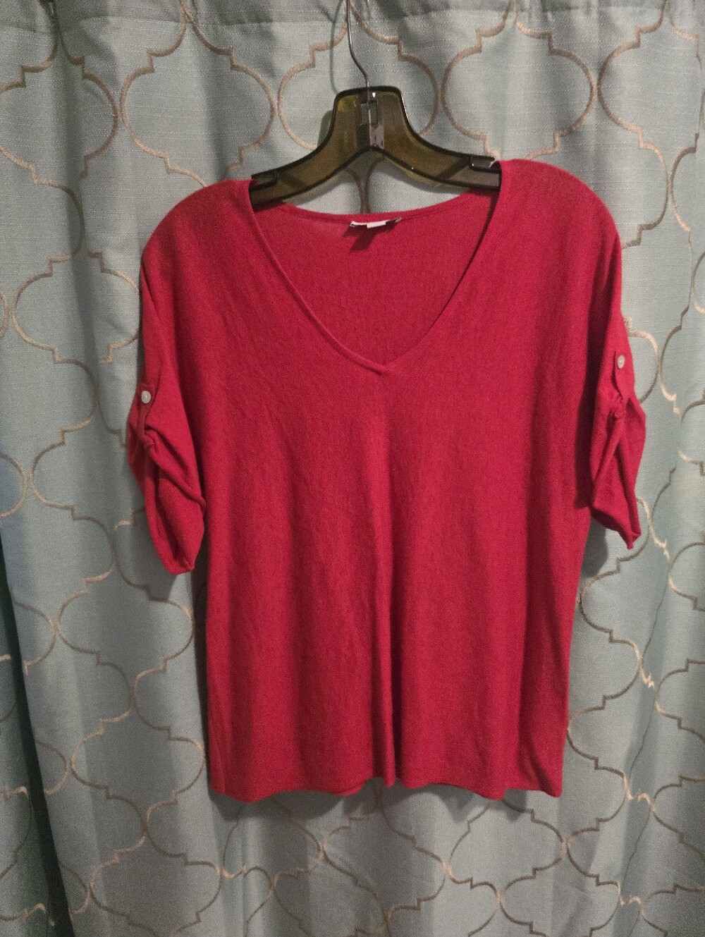 J. Jill Red Pullover Blouse Top Buttoned Short Sleeve Women's XS V-Neck X Small